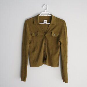 Cabi Polo Flap-Pocket‎ Collared XS Green Ribbed Long Sleeve Cardigan